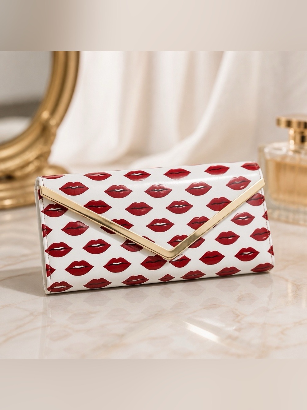 Aldo White Envelope Clutch with Red Lip Print & Gold Trim